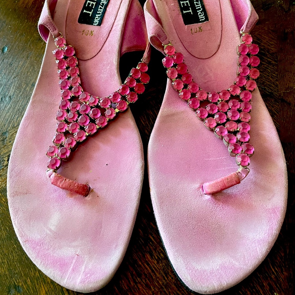 Stuart Weitzman Pink Suede Jeweled Mules